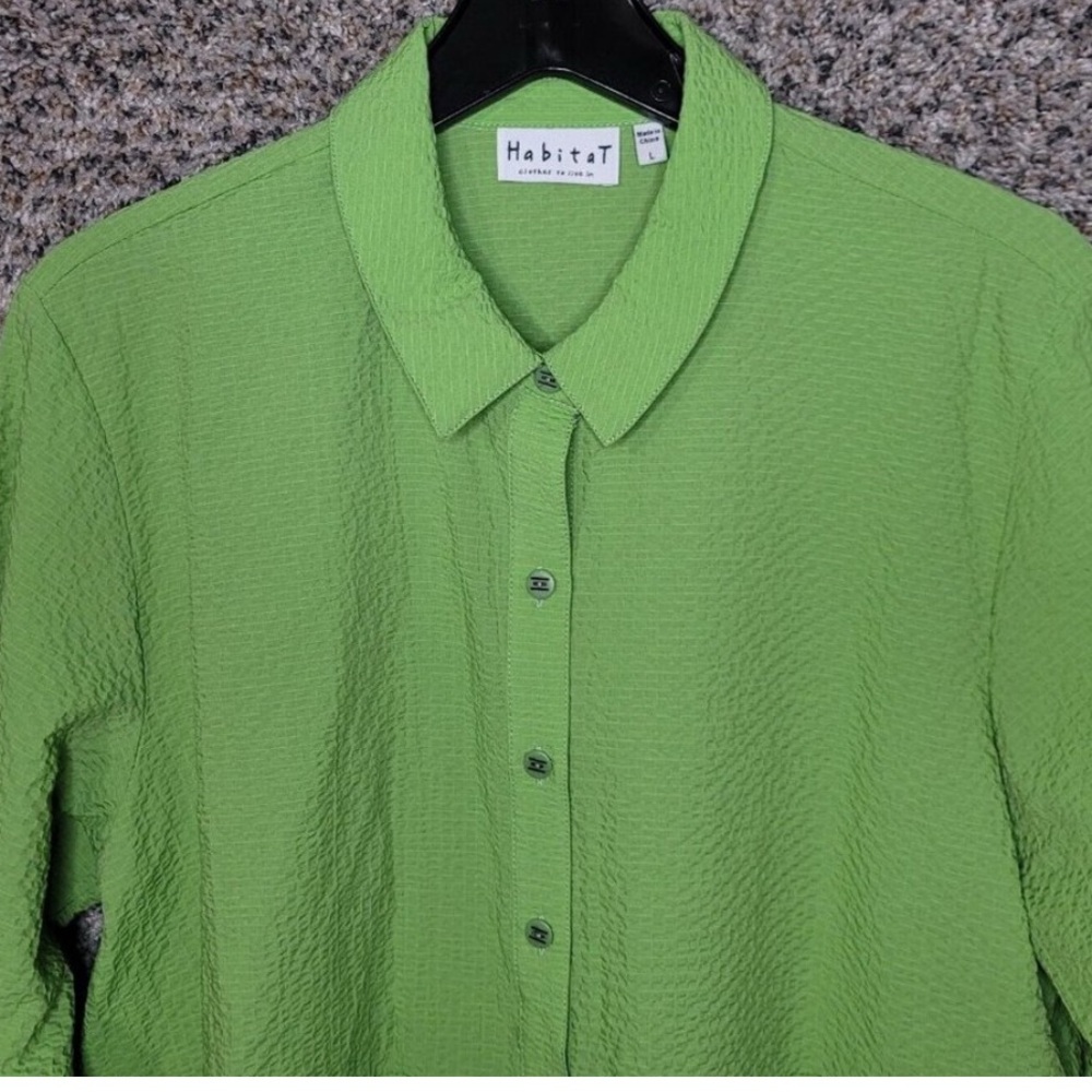 Habitat Top Womens Large Green Button Up Textured Collared Pockets Casual Ladies - Picture 8 of 9